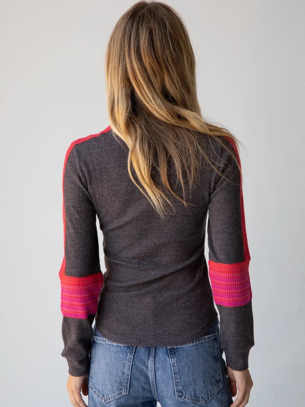 Natural Life London Trim Top Charcoal Pink Ribbed Long Sleeve Medium Thermal